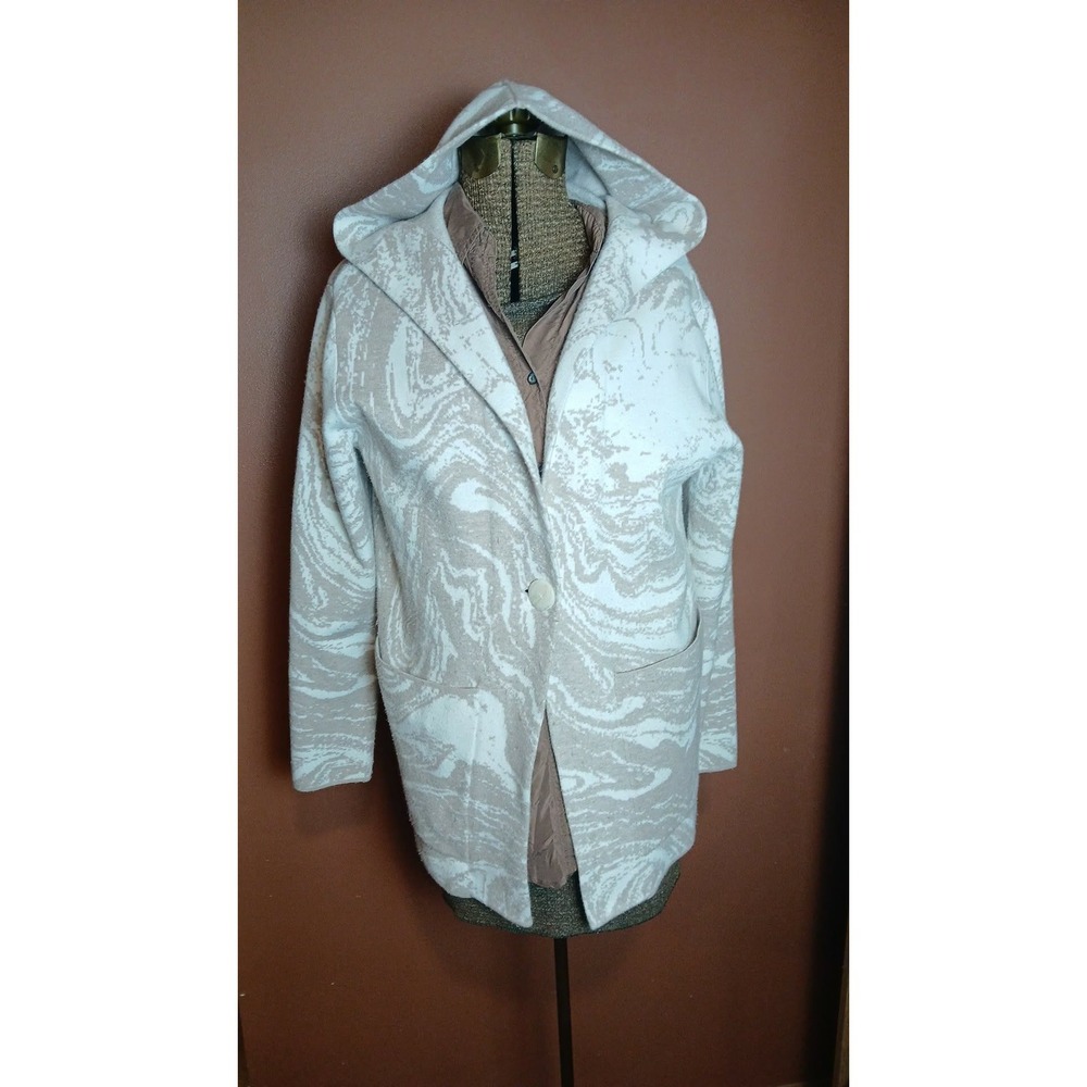 Women Cream Tan Marble Swirl Hooded Cardigan Longline Single Button Sweater